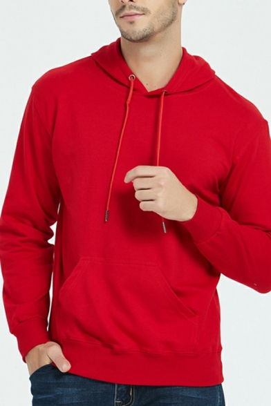 Simple Mens Drawstring Hoodie Pure Color Long-Sleeved Relaxed Fitted Hoodie with Pocket
