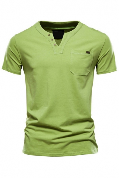 Simple Mens Tee Top Pure Color Pocket V-Neck Short-Sleeved Slim Fitted T-Shirt