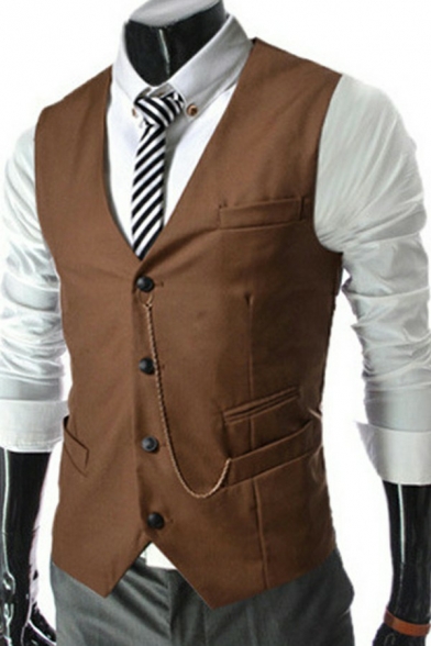 Smart Mens Suit Vest Solid Button Closure Chain Detailed Fitted Sleeveless Suit Vest