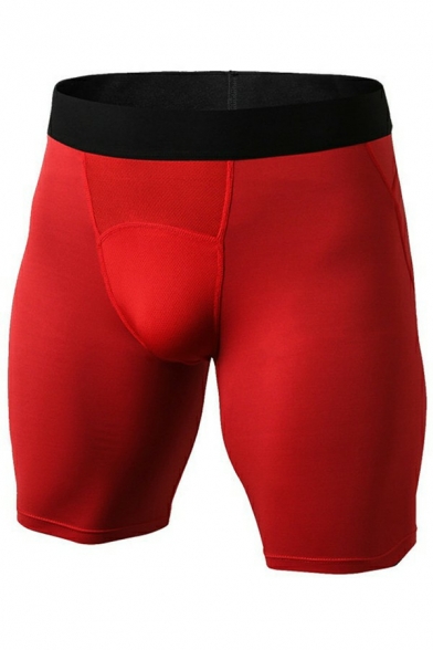 Sporty Mens Shorts Pure Color Mid-Rised Elastic Waist Skinny Fitted Shorts