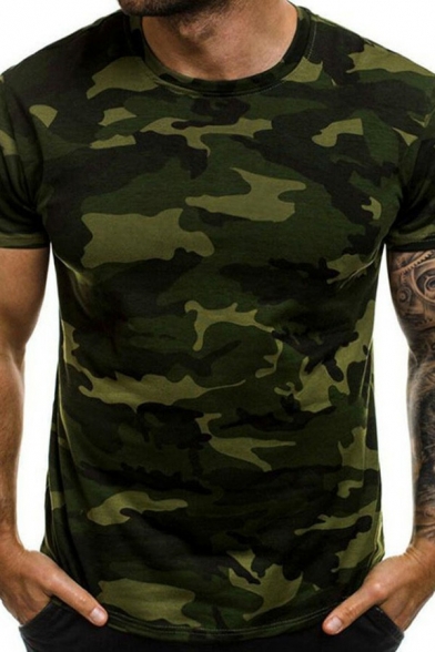 Sporty Mens T-Shirt Camo Pattern Crew Neck Short-Sleeved Slim Fit T-Shirt