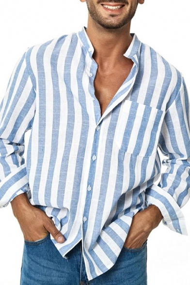 Stylish Guys Shirt Stripe Patterned Pocket Decorated Button Detail Collar Long-sleeved Baggy Shirt