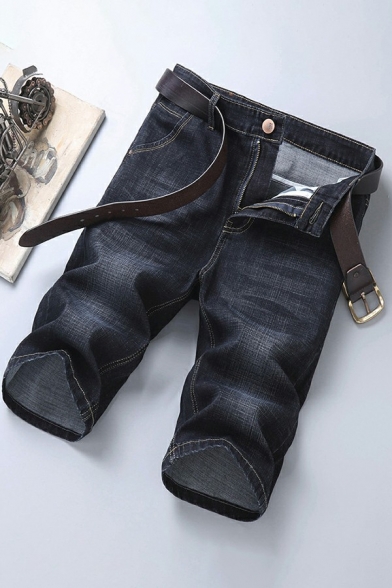 Stylish Mens Shorts Solid Color Mid-Rised Belted Straight Fit Denim Shorts