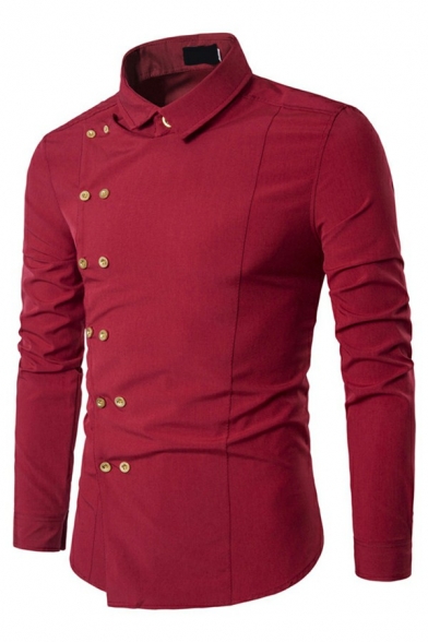 Unique Guys Shirt Plain Double-Breasted Turn-down Collar Long-sleeved Slimming Shirt