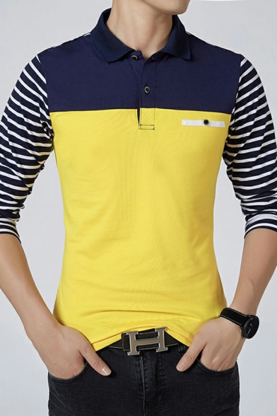 Urban Polo Shirt Color Block Pocket Embellished 1/4 Button Collar Long Sleeve Fitted Polo Shirt for Men