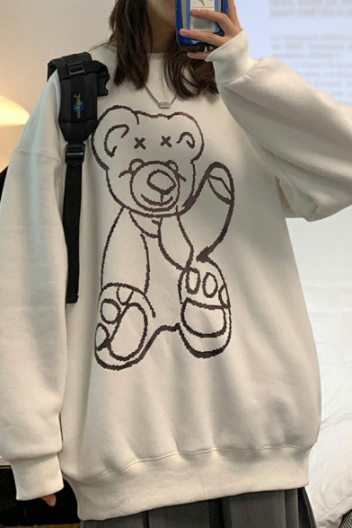 Urban Sweatshirt Bear Pattern Long-sleeved Round Neck Loose Fit Sweatshirt for Men