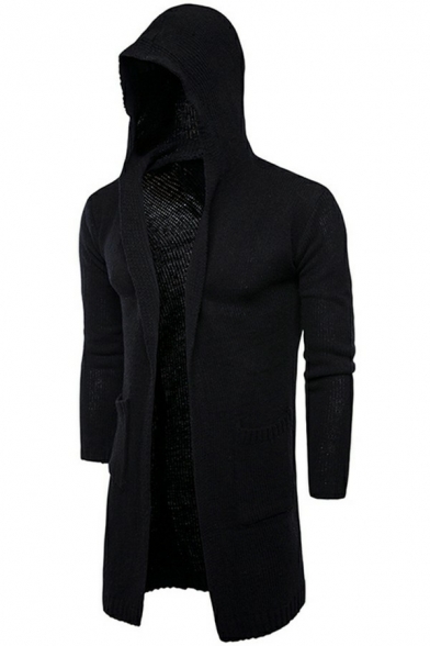Vintage Plain Color Men’s Jacket Rid Hem Open Front Side Pocket Design Mid Length Slim Fitted Hooded Coat
