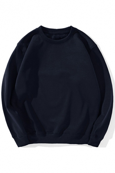 Warm Sweatshirt Pure Color Long-sleeved Round Neck Pullover Sweatshirt for Men