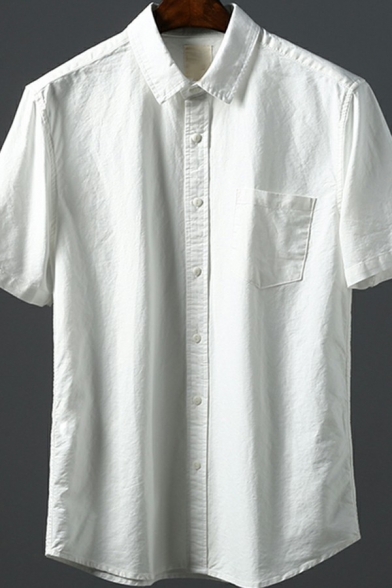 Basic White Shirt Plain Short Sleeve Point Collar Button up Regular Fit Shirt Top for Men