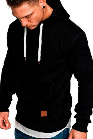 Casual Hoodie Solid Color Long Sleeves Regular Fit Drawcord Hoodie for Men