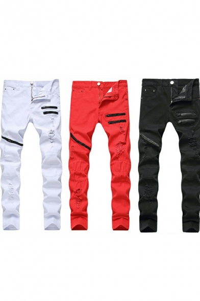 Casual Jeans Color Block Decoration Mid-Rised Zip Placket Long Straight Jeans for Men