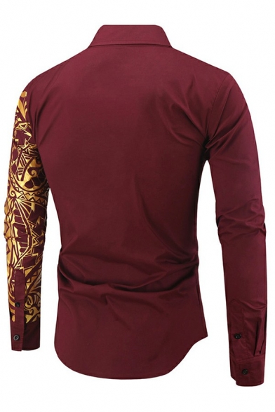 Cool Mens Shirt Totem Patterned Button Closure Collar Long Sleeve Slimming Shirt