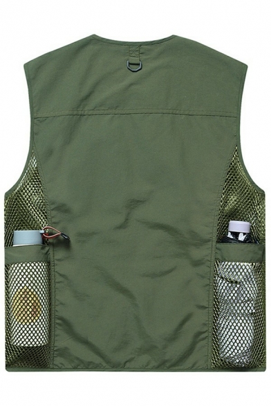 Cozy Mens Vest Solid Zip Detail Mesh Decorate V-Neck Side Pocket Relaxed Fit Vest