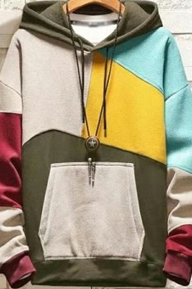 Creative Mens Color Block Hoodie Drawstring Kangaroo Pocket Detail Fitted Hoodie