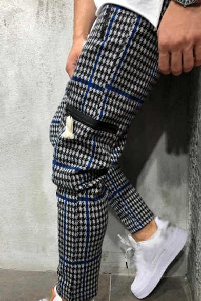 Dashing Mens Drawstring Pants Plaid Pattern Zipper Pocket Detail Mid Waist Ankle Tapered Pants