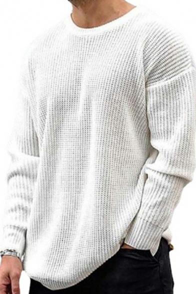 Dashing Sweater Solid Color Knit Long Sleeve Crew Neck Loose Pullover for Men