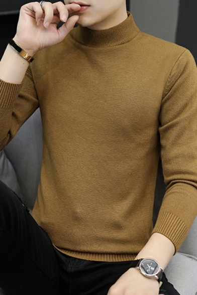 Fashionable Guys Plain Mock Neck Long Sleeved Pullover Sweater