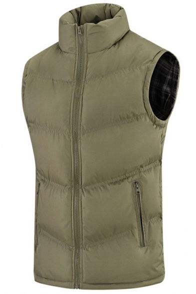 Guys Basic Designed Vest Whole Colored Stand Collar Zip Fly Pocket Thick Vest