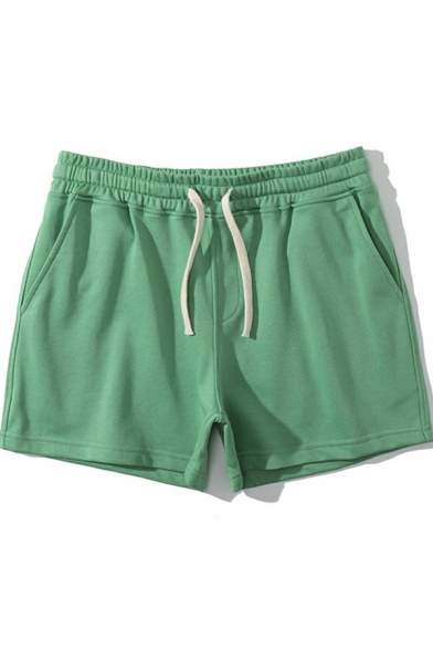 Men Boyish Shorts Solid Color Elasticated Drawstring Waist Slim Shorts
