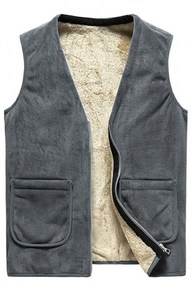 Men Metrosexual Vest Plain V-Neck Zip Up Side Pocket Regular Fit Warm Vest