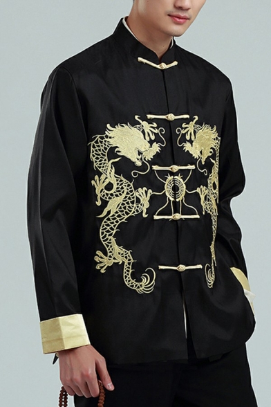 Men's Jacket Dragon Printed Stand Collar Button Closure Long Sleeve Loose Jacket