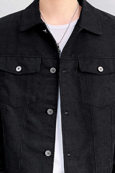 Men Simple Jacket Solid Flap Pocket Button Up Collar Long Sleeve Loose Jacket