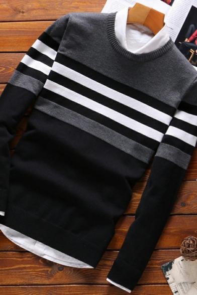 Mens Trendy Sweater Striped Print Knitted Long Sleeves Round Collar Slim Fitted Pullover Sweater