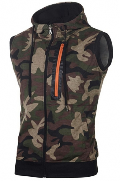 Modern Guys Vest Camo Printed Hooded Drawcord Zip Embellish Slimming Vest
