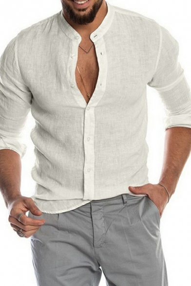 Novelty Men's Shirt Plain Button Embellish Stand Collar Regular Long Sleeve Shirt