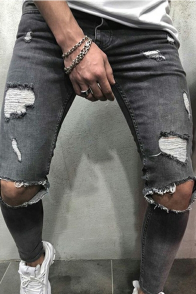 Retro Jeans Solid Color Ripped Mid Waist Zip Closure Skinny-Fit Long Jeans for Men