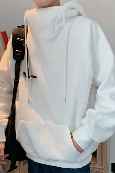 Simple Hoodie Solid Color Kanga Pocket Long Sleeves Drawstring Loose Fit Hoodie for Men