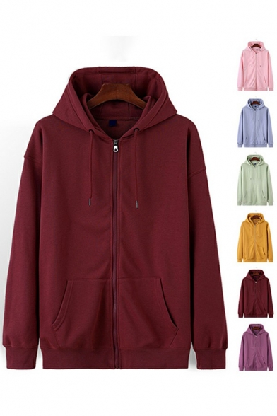 Simple Men's Hoodie Solid Color Kangaroo Pocket Zip up Long Sleeves Regular Fit Drawcord Hoodie