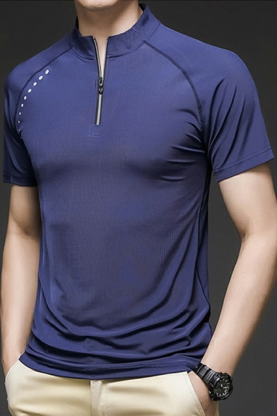 Sporty Mens Polo Shirt Strip Print Zip-up Stand Collar Short Sleeve Relaxed Polo Shirt