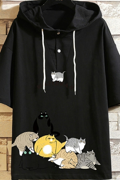 Street Style Mens Hoodie Cat Cartoon pattern Short Sleeves Drawstring Regular Hoodie