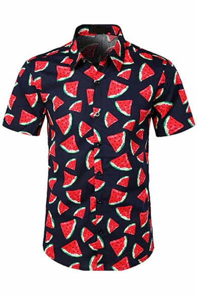 Stylish Shirt Tropical Printed Pocket Detail Single-Breasted Collar Short-sleeved Fitted Shirt for Men