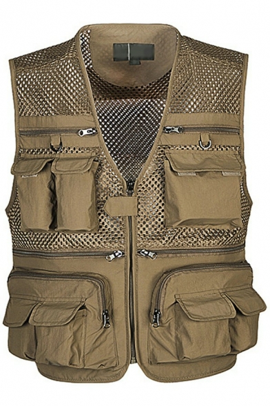 Unique Guys Vest Solid Color Cargo Pocket Mesh Embellish Zipper Baggy Vest