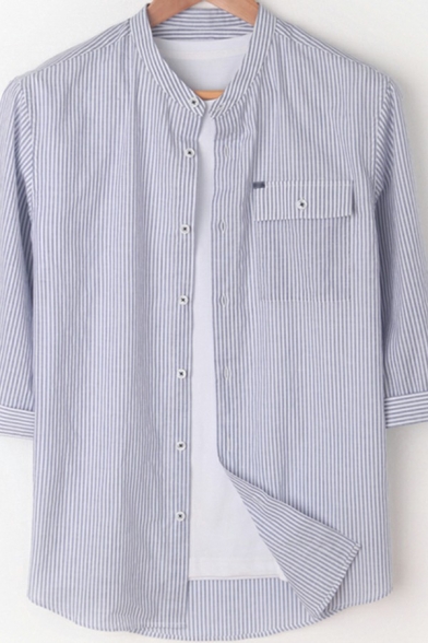 Casual Shirt Stripe Pattern 3/4 Sleeve Stand Collar Button up Chest Pocket Slim Shirt Top for Men