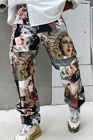 Chic Drawstring Mens Pants Human Pattern Mid Rise Pocket Detail Straight Loose Fit Pants