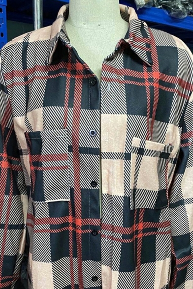 Chic Men's Shirt Plaid Printed Pocket Design Button Detail Turn-down Collar Long Sleeve Loose Shirt