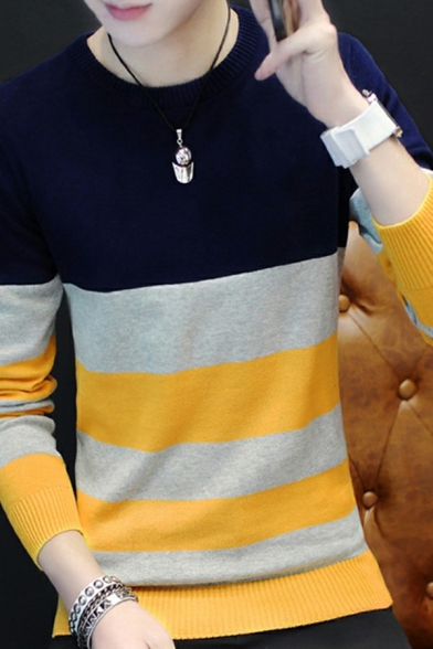 Chic Mens Sweater Striped Pattern Round Neck Color Block Slim Sweater