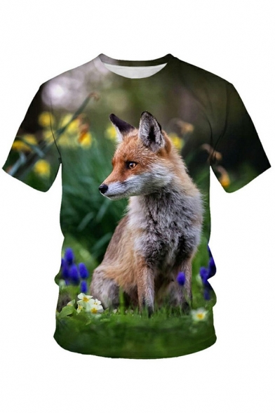 Creative Mens 3D T-Shirt Animal Fox Printed Short Sleeve Round Neck Regular Fitted T-Shirt