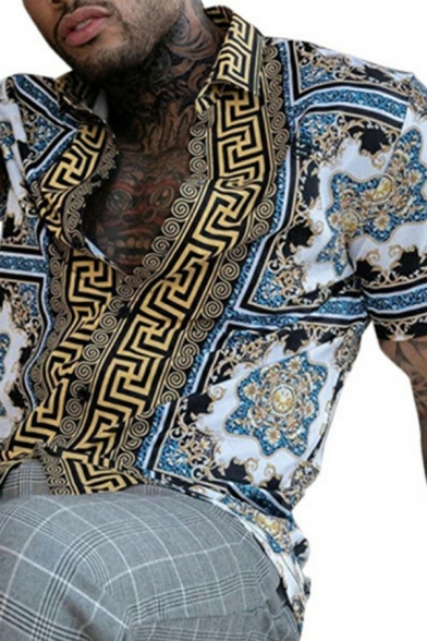 Creative Mens Shirt Tribal Floral Pattern Lapel Collar Short-Sleeved Regular Fit Shirt