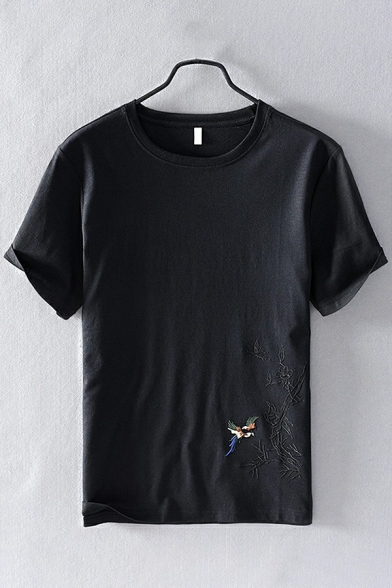 Creative T-Shirt Bird Embroidered Short Sleeves Crew Neck Relaxed Fit T-Shirt for Men