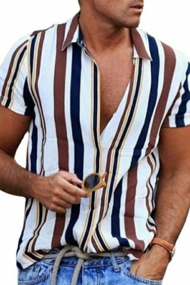Dashing Guys Shirt Stripe Printed Single-Breasted Collar Short-sleeved Loose Shirt