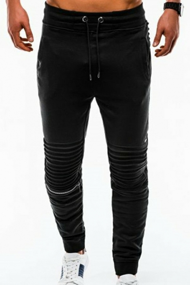 Edgy Men's Pants Solid knee Pleated Long Length Slim Fit Draw cord Pants