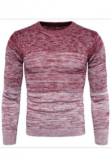 Elegant Mens Sweater Ombre Pattern Crew Neck Long Sleeved Knitted Pullover Sweater