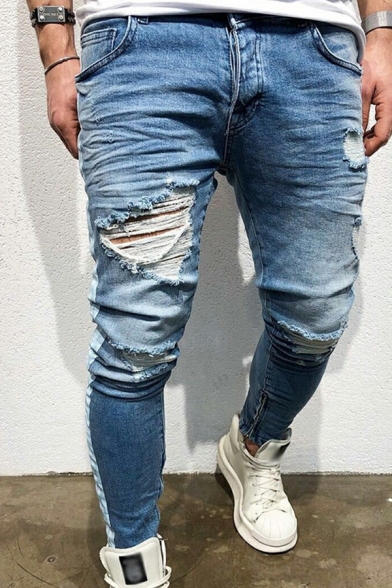 Fashionable Mens Jeans Contrast Color Mid-Rised Side Distressed Design Zipper Placket Skinny-Fit Long Jeans
