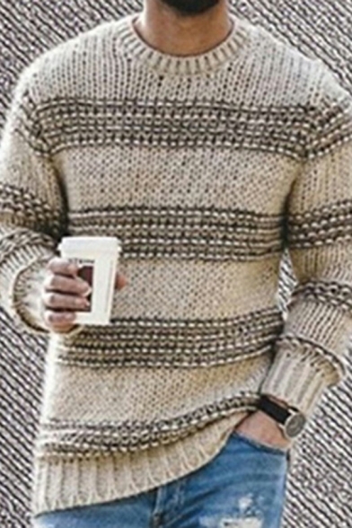 Fashionable Mens Sweater Stripe Print Crew Neck Loose Fitted Sweater