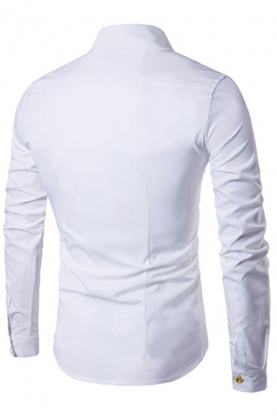 Men Dashing Shirt Solid Button Decoration Lapel Collar Long Sleeves Slimming Curve Bottom Shirt