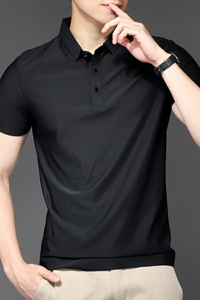 Men Formal T-shirt Whole Colored Button Closure Lapel Collar Short Sleeves Slimming Tee Top